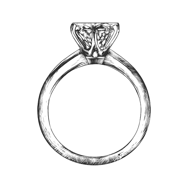 Hand drawn sketch of engagement ring in monochrome Vector | Premium