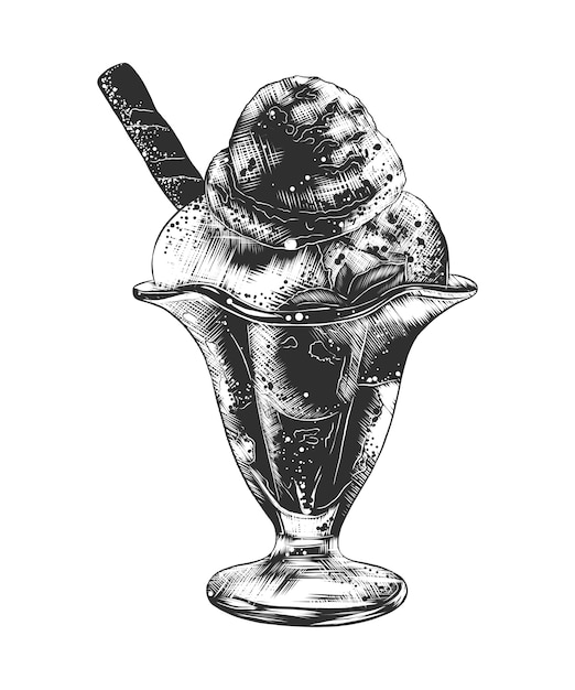 Hand Drawn Sketch Of Ice Cream In Sundae Bowl Premium Vector