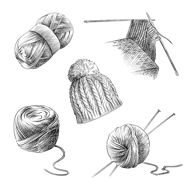 Premium Vector Handdrawn sketch of knitting set. the set consists of