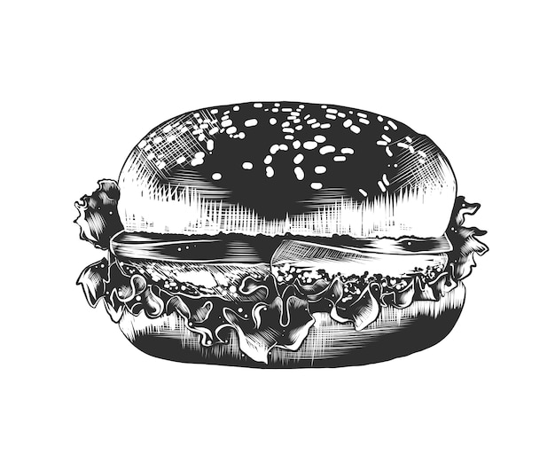 モノクロのハンバーガーの手描きのスケッチ プレミアムベクター