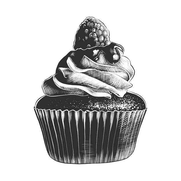 モノクロのカップケーキの手描きのスケッチ プレミアムベクター