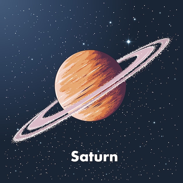 Hand drawn sketch of saturn in color, against a background of