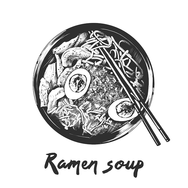 Premium Vector | Hand drawn sketch of ramen soup in monochrome