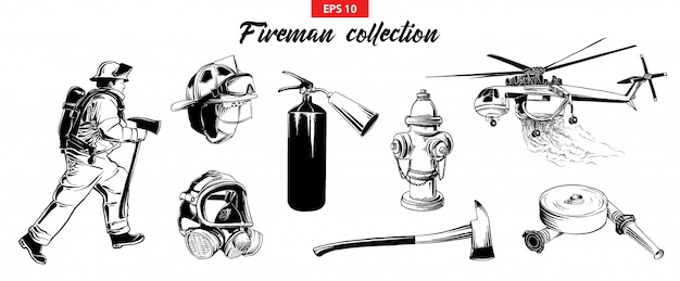 Hand drawn sketch set of firefighters odjects Premium Vector