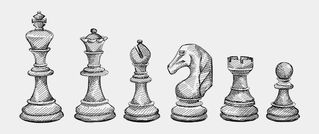 チェスの駒の手描きスケッチセット チェス 仲間を確認してください キング クイーン ビショップ ナイト ルーク ポーン プレミアムベクター