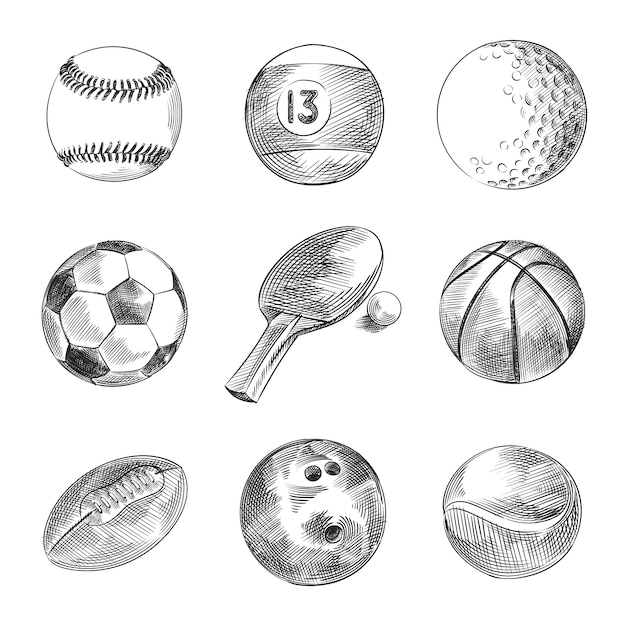 スポーツボールの手描きのスケッチセット セットには ビリヤードボール サッカーボール テニスボール バレーボールボール ラグビーボール 卓球ボール ゴルフボール バスケットボール ボウリングボール ハンドボールが含まれます プレミアムベクター