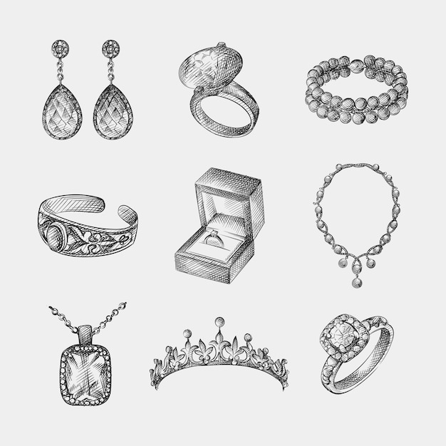 Hand-drawn sketch set of vintage jewellery and bijouterie. set includes ...