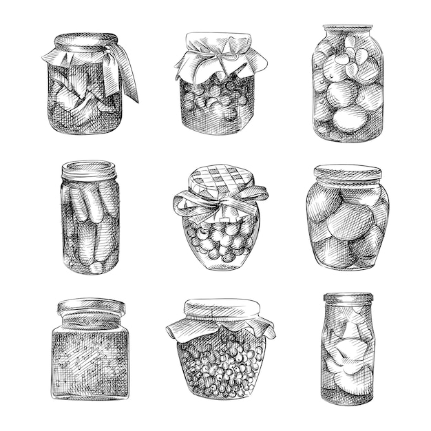 Premium Vector | Hand-drawn sketch of various jams in a glass jar with ...