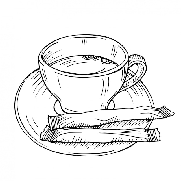 Premium Vector Hand Drawn Sketch With A Cup Of Tea Isolated On A White A Cup Of Coffee With Two Sticks Of Sugar