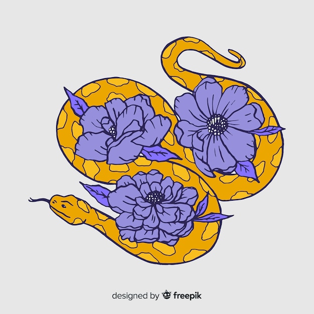 Hand drawn snake with flowers illustration Free Vector