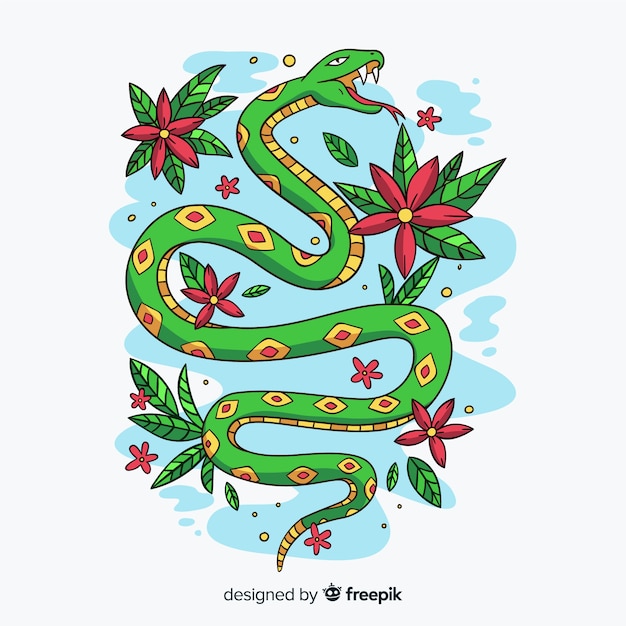 花のイラストが描かれたヘビを手します 無料のベクター
