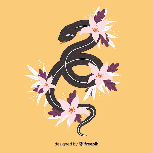 Free Vector | Hand drawn snake with tropical flowers background