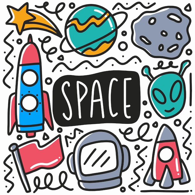 Premium Vector Hand drawn space fill doodle set with icons and design