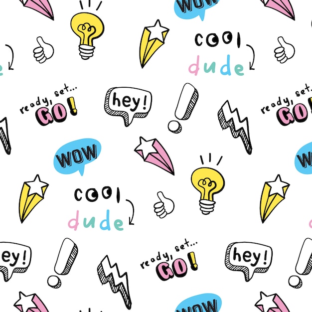 Hand drawn star, thunder & typography pattern Premium Vector