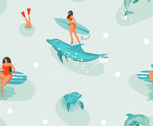 手描きストック抽象的なかわいい夏の時間漫画イラストシームレスパターンサーフボードの女の子とイルカと青い海の水の背景に プレミアムベクター
