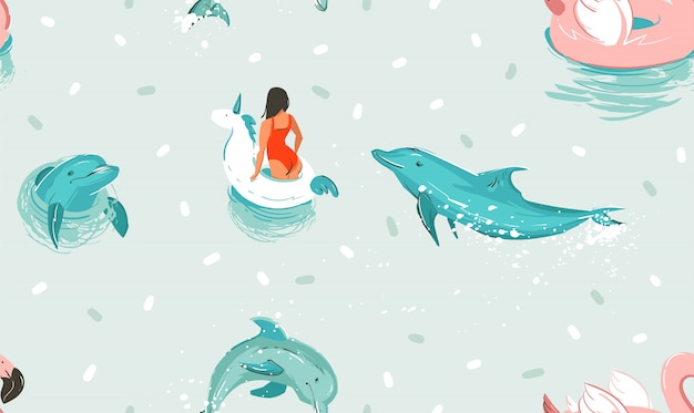 手描きストック抽象的なかわいい夏の時間の漫画イラストユニコーンゴムリングと青い海の水の背景のイルカとのシームレスなパターン プレミアムベクター