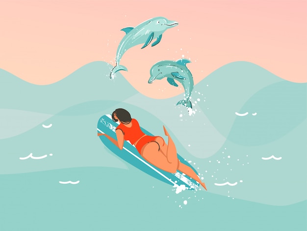 青い海の波背景にジャンプイルカと水着水泳サーフィン女性と手描きの抽象的なイラスト プレミアムベクター