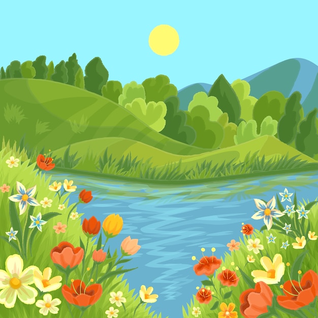 Hand drawn style beautiful spring landscape Free Vector