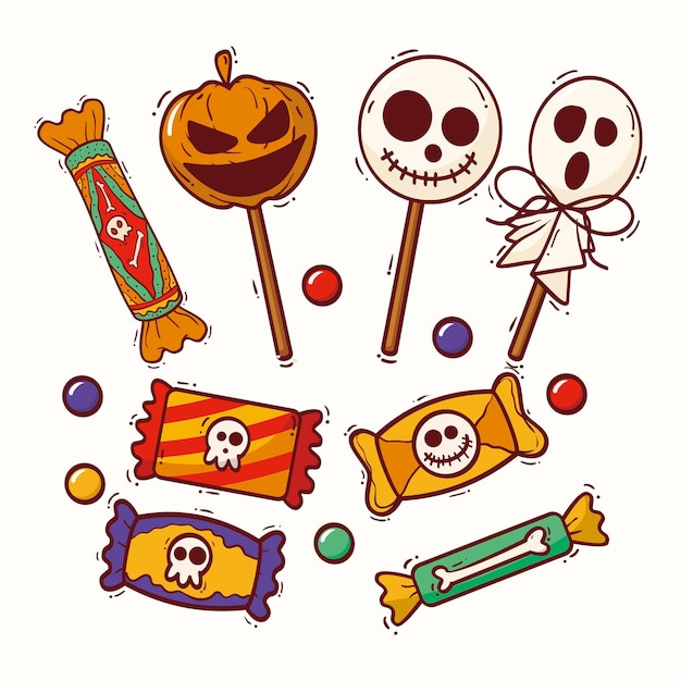 Free Vector Hand drawn style halloween candy set