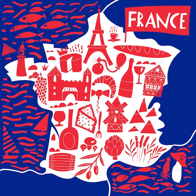 手描きのフランスの様式化された地図 フランスのランドマーク 食べ物 植物のイラストを旅行します 地理図 プレミアムベクター