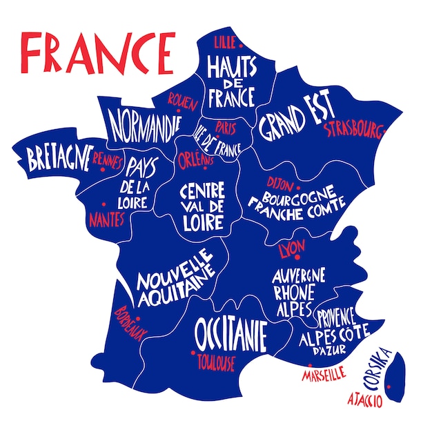 手描きのフランスの様式化された地図。フランスの地域、都市、河川の名前のイラストを旅行します。手描きのレタリングのイラスト。ヨーロッパ地図要素