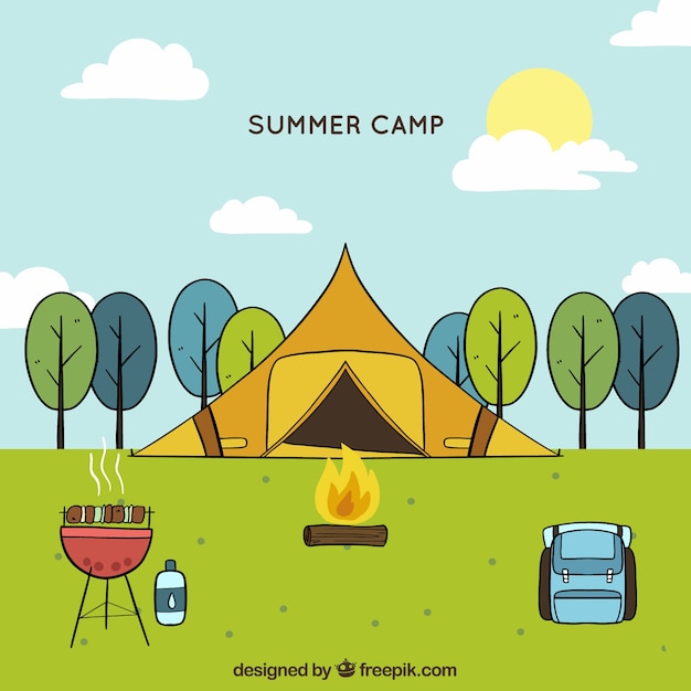 Hand drawn summer camp background with big\
tent