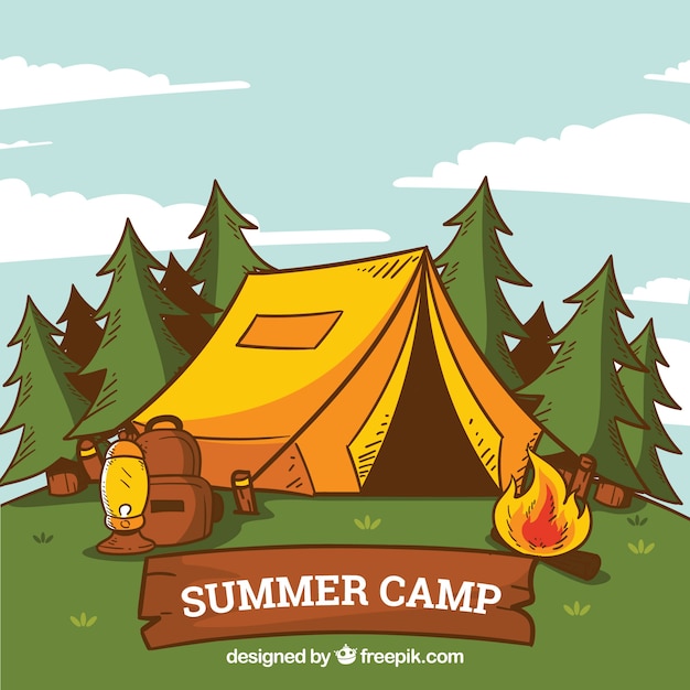 Hand drawn summer camp background with tent and\
bonfire