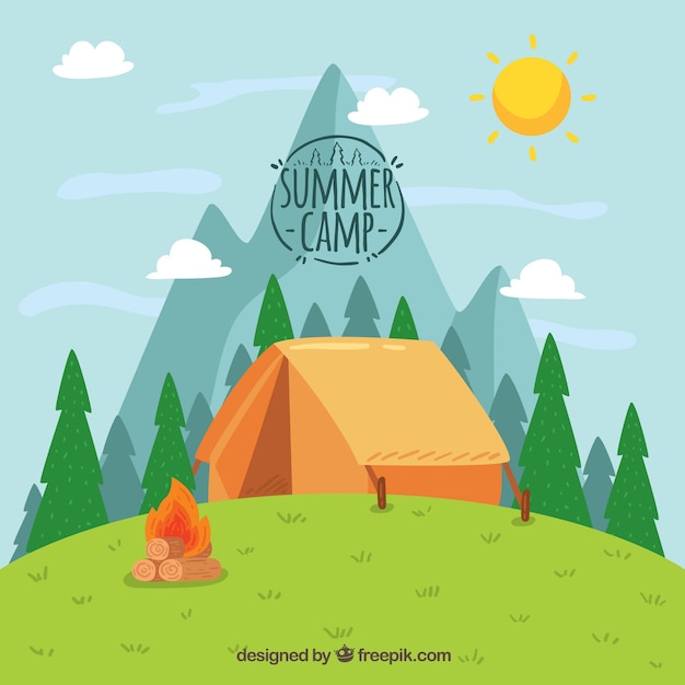 Hand drawn summer camp background with tent on\
hill