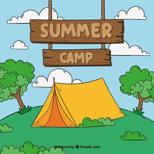 Hand drawn summer camp background with wooden\
sign