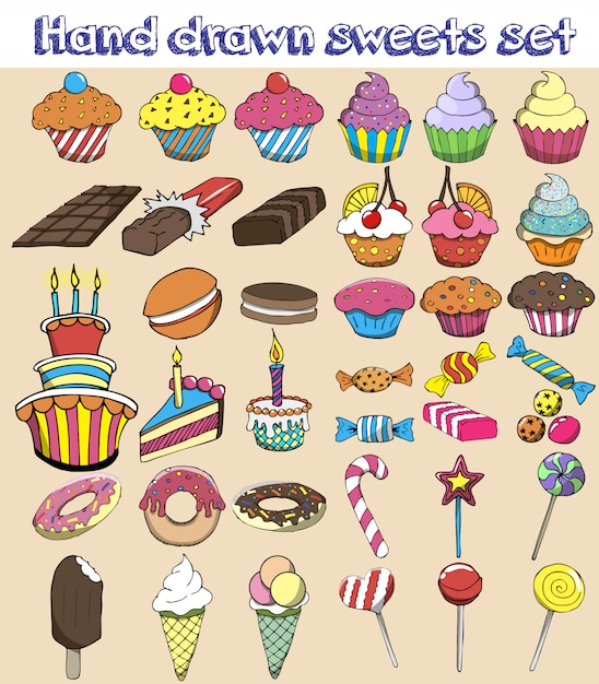 Premium Vector | Hand drawn sweets set. candy, sweets, lollipop, cake