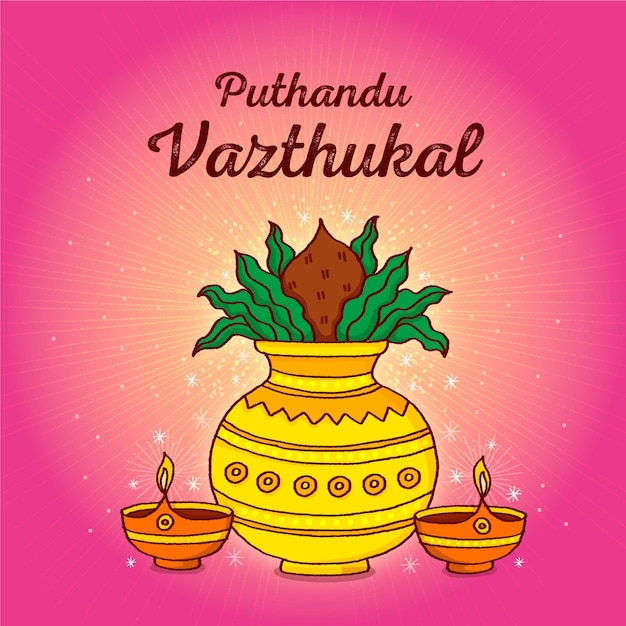 Hand drawn tamil new year illustration Free Vector