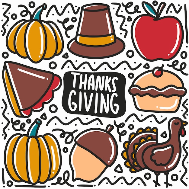 Premium Vector Hand drawn thanksgiving doodle set with icons and