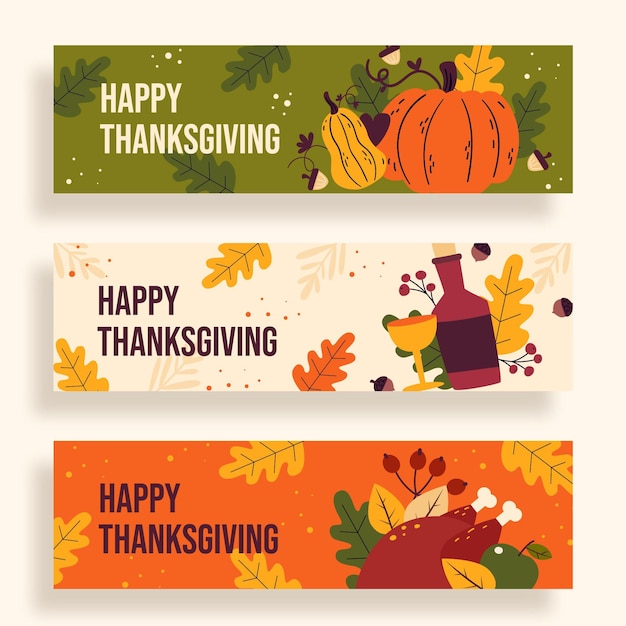 Free Vector | Hand drawn thanksgiving horizontal banners set