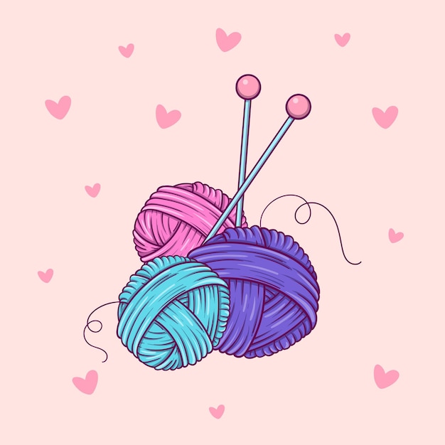  Hand drawn three balls of yarn and needles in doodle style on pink background with hearts Premium V