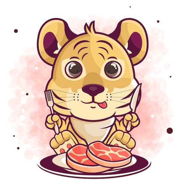 手描きの虎の漫画は肉のイラストを食べる プレミアムベクター