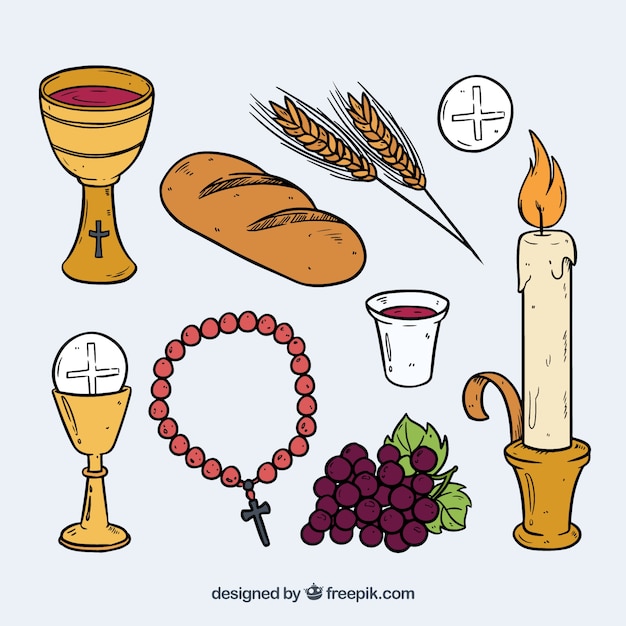 Handdrawn traditional first communion elements Free Vector