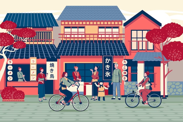 Hand drawn traditional japan street with people on bikes Free Vector