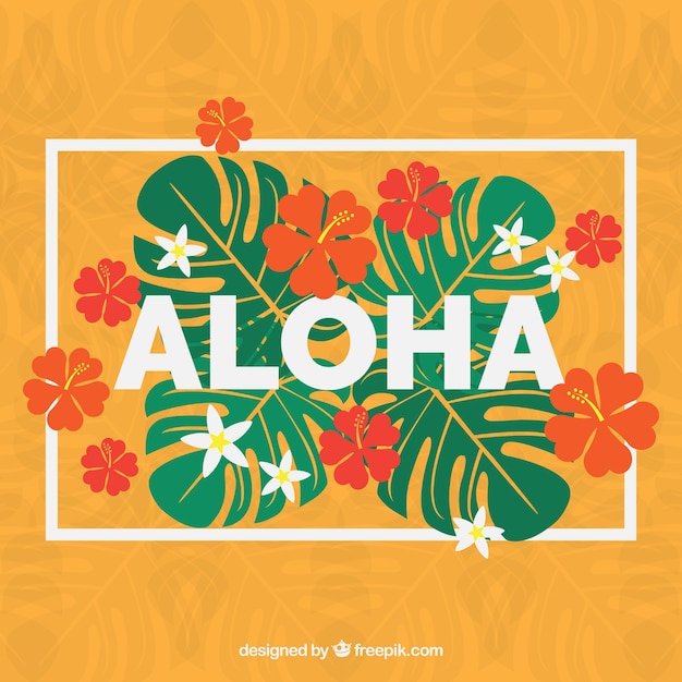 Hand drawn tropical flowers and leaves aloha\
background