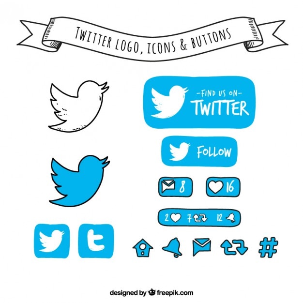 Hand drawn twitter logo, icons and buttons