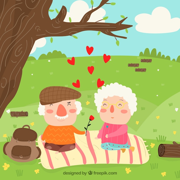Hand drawn valentine\'s day background with old\
couple at picnic