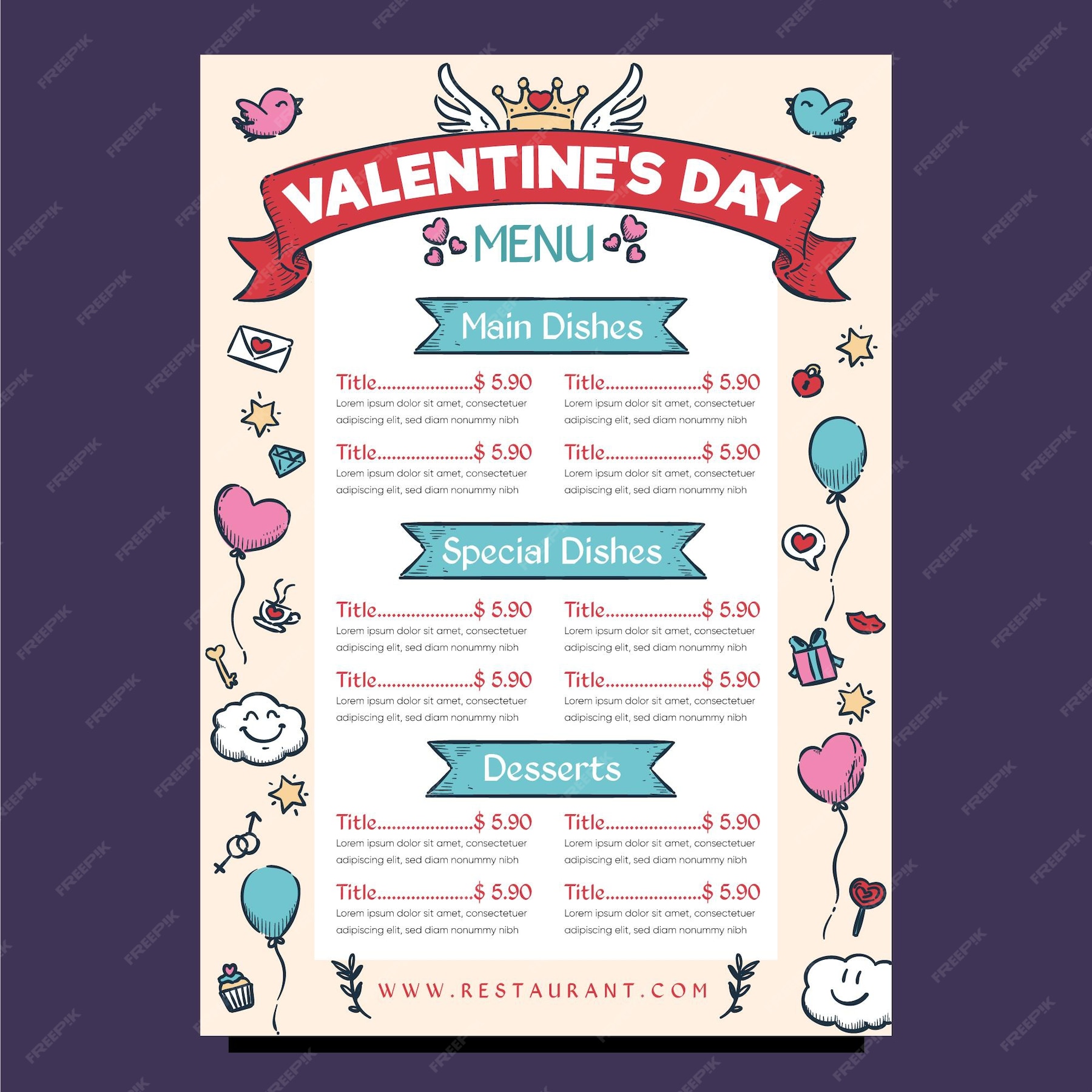 Free Vector Hand drawn valentine's day balloons menu template