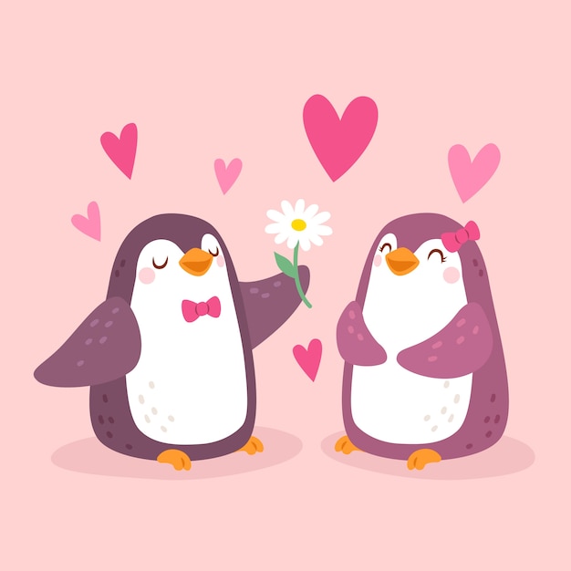 Hand drawn valentine's day penguins couple Free Vector