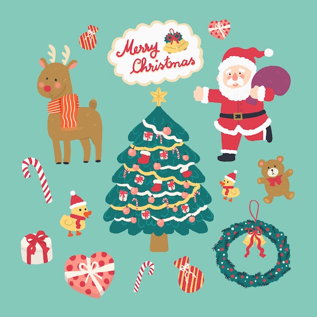 Premium Vector Hand Drawn Vector Illustration Cute Christmas Elements Santa Claus Reindeer Christmas Tree