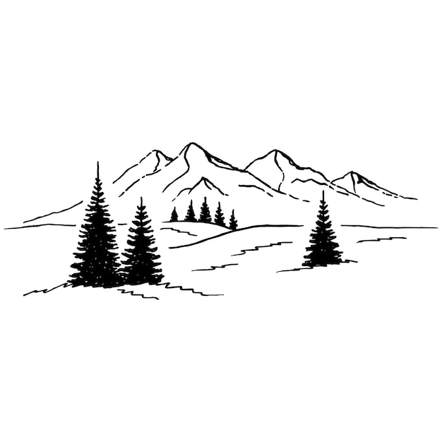 Premium Vector Hand Drawn Vector Illustration Of Mountain Landscape With Pine Trees