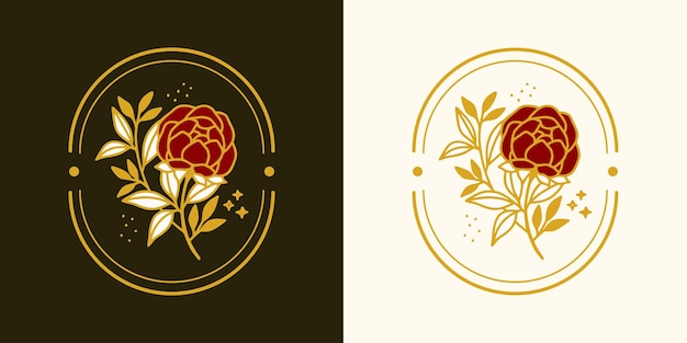 手描きのヴィンテージ植物のバラの花のロゴとフェミニンな美しさのブランド要素 プレミアムベクター