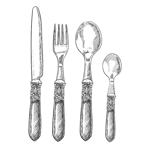 Premium Vector | Hand drawn vintage cutlery set with table knife, fork ...