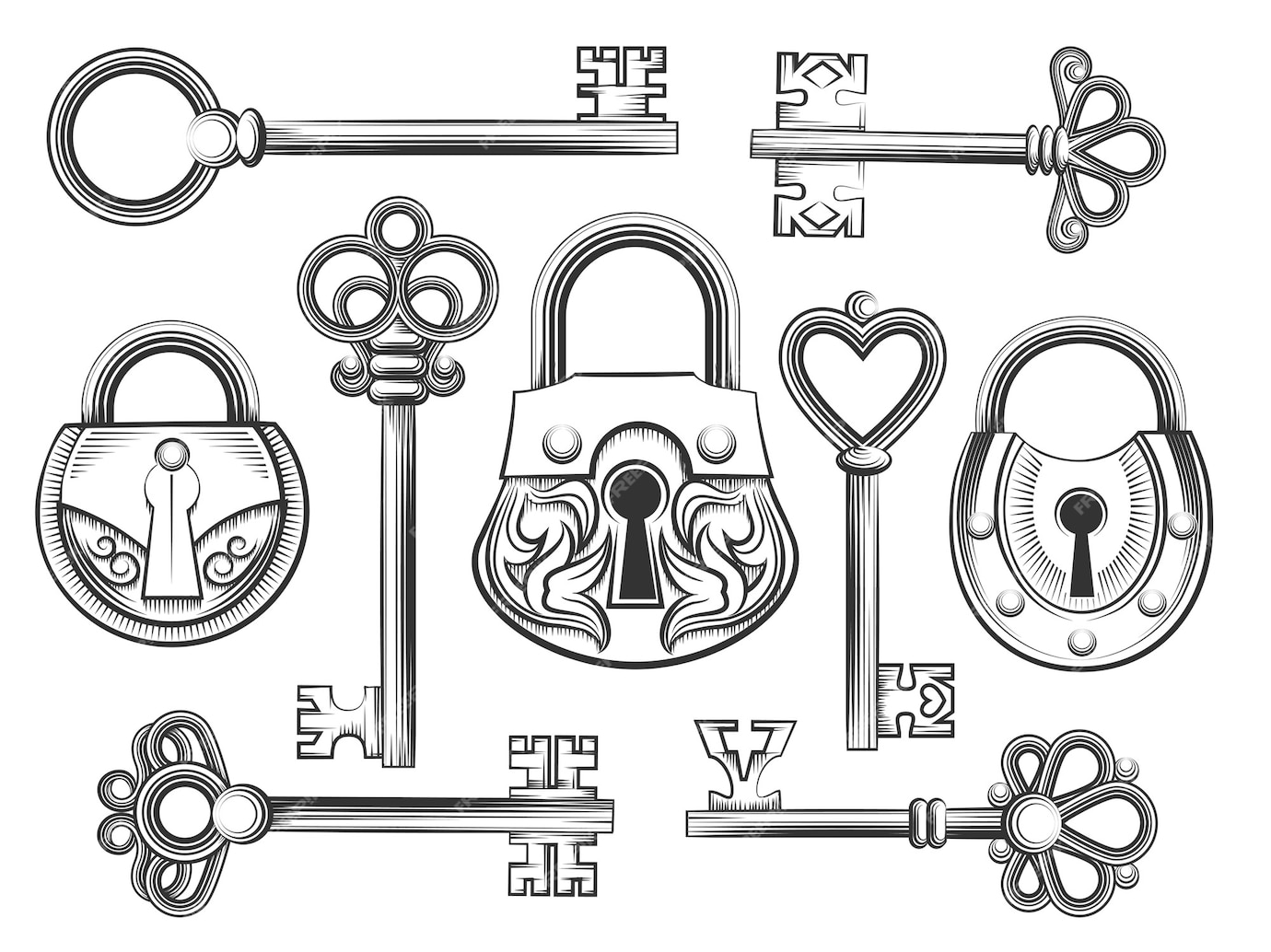 Premium Vector Hand drawn vintage key and lock vector set. padlock