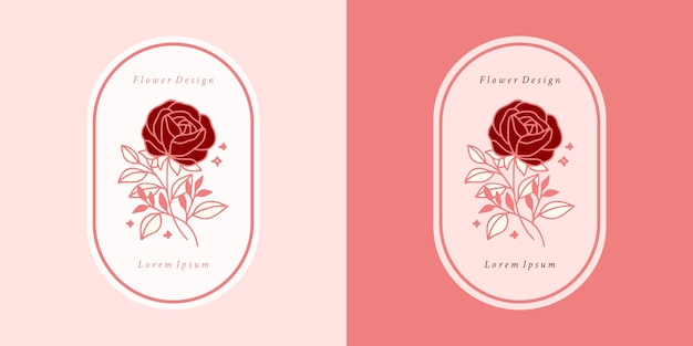 手描きのヴィンテージピンクの植物のバラの花のロゴのテンプレートとフェミニンな美しさのブランド要素セット プレミアムベクター