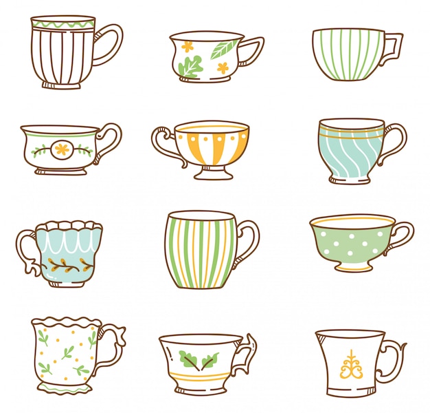 Premium Vector Hand drawn vintage tea cups set