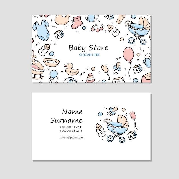  Hand drawn visit card with baby things, toy, rattle, milk bootle, clothes. doodle sketch style.